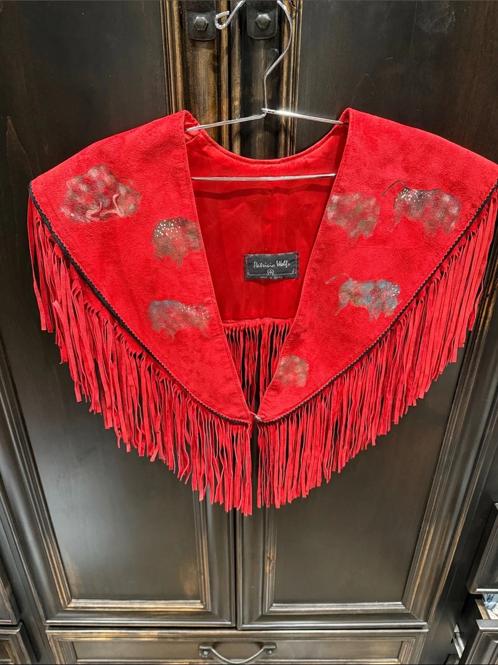 Patricia Wolf Red Fringe Suede Shawl Collar